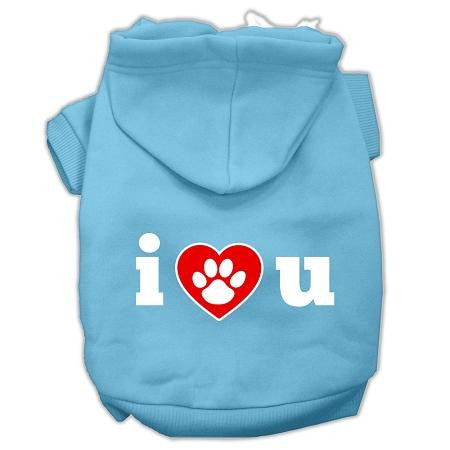 I Love U Screen Print Pet Hoodies Baby Blue Size XS (8)