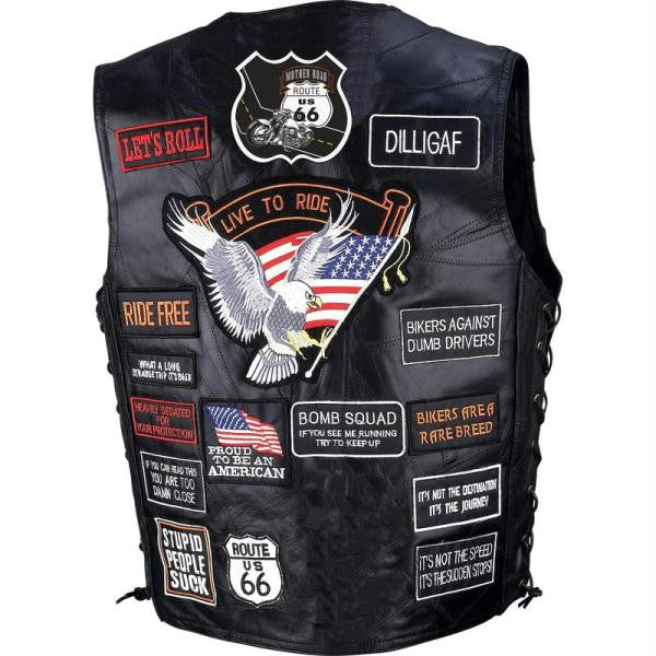 Diamond Plate Rock Design Genuine Buffalo Leather Biker Vest With 42 Patches- Xl