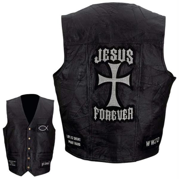 Giovanni Navarre Italian Stone Design Genuine Leather Vest With Christian Patches- 3x