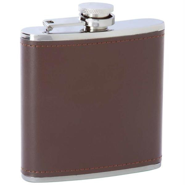 Maxam 6oz Stainless Steel Flask With Brown Genuine Leather Wrap