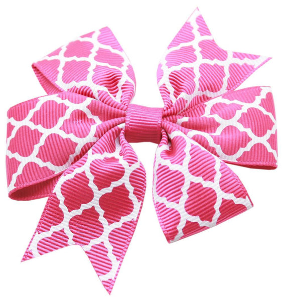 Hair Bow Quatrefoil French Barrette Bright Pink