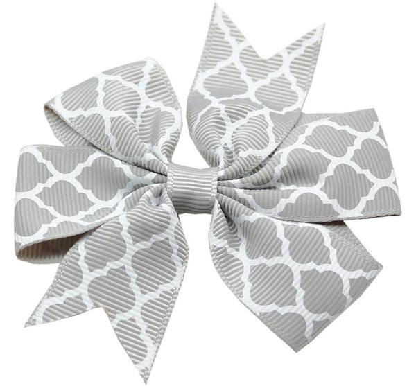 Hair Bow Quatrefoil French Barrette Grey