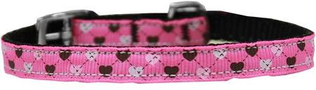 Argyle Hearts Nylon Dog Collar with classic buckle 3-8" Bright Pink Size 12