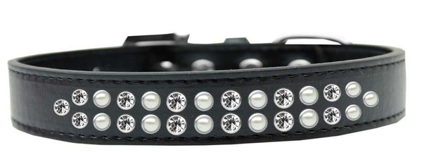 Two Row Pearl and Clear Crystal Size 18 Black Dog Collar