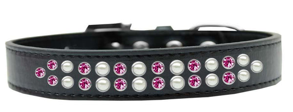 Two Row Pearl and Pink Crystal Size 16 Black Dog Collar