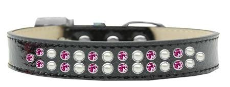 Two Row Pearl and Pink Crystal Size 18 Black Ice Cream Dog Collar