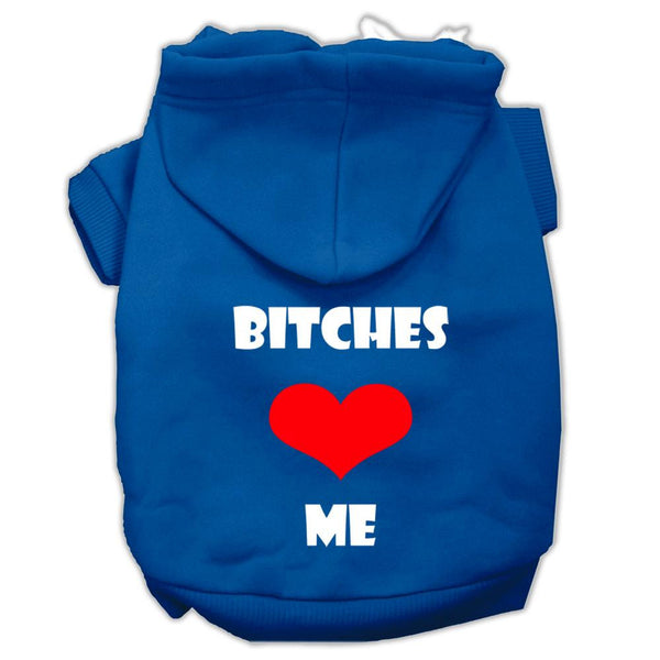 Bitches Love Me Screen Print Pet Hoodies Blue Size XS (8)