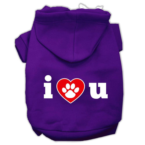 I Love U Screen Print Pet Hoodies Purple Size XS (8)