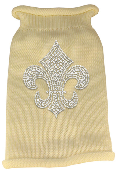 Silver Fleur de lis Rhinestone Knit Pet Sweater XS Cream