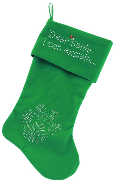 Dear Santa I can Explain Rhinestone 18 Inch Velvet Christmas Stocking Green