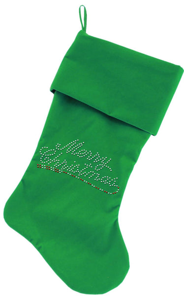 Merry Christmas Rhinestone 18 inch Velvet Christmas Stocking Green