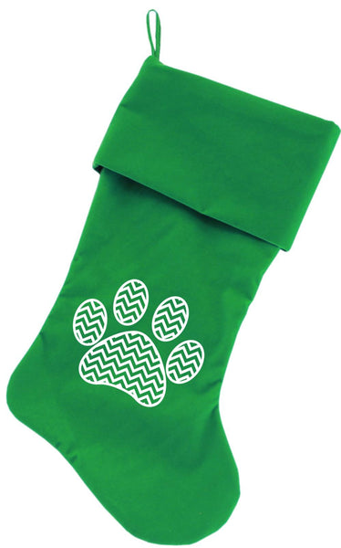 Chevron Paw Screen Print 18 inch Velvet Christmas Stocking Green