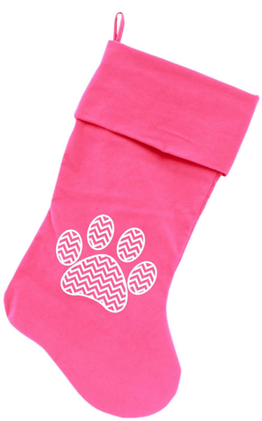 Chevron Paw Screen Print 18 inch Velvet Christmas Stocking Pink