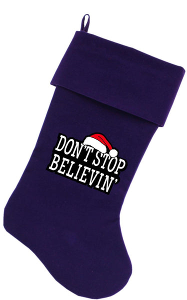 Don't Stop Believin Screen Print 18 inch Velvet Christmas Stocking Purple