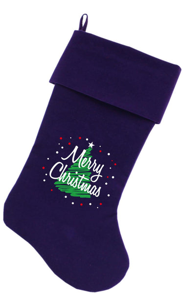 Scribbled Merry Christmas Screen Print 18 inch Velvet Christmas Stocking Purple