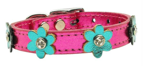 Flower Leather Metallic Pink w- Metallic Turquoise Flowers 10