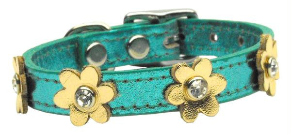 Flower Leather Metallic Turquoise w- Gold Flowers 10