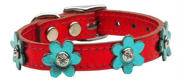 Flower Leather Metallic Red w- Mtl Turq Flowers 12